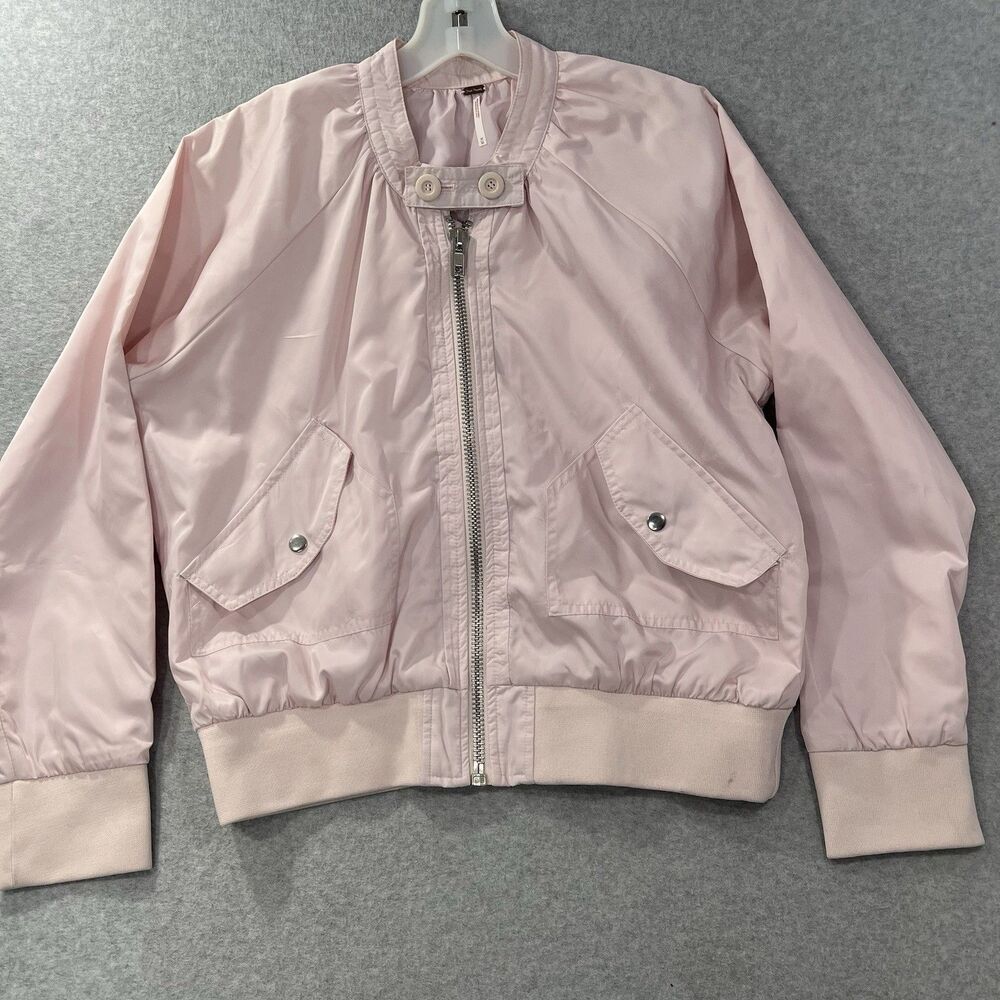 Free People Womens Size M Pink Bomber Jacket Full Zip Button Pockets